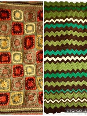 Two Vintage 70’s Handmade Granny Square Granny Stripe Crocheted Throw Blankets